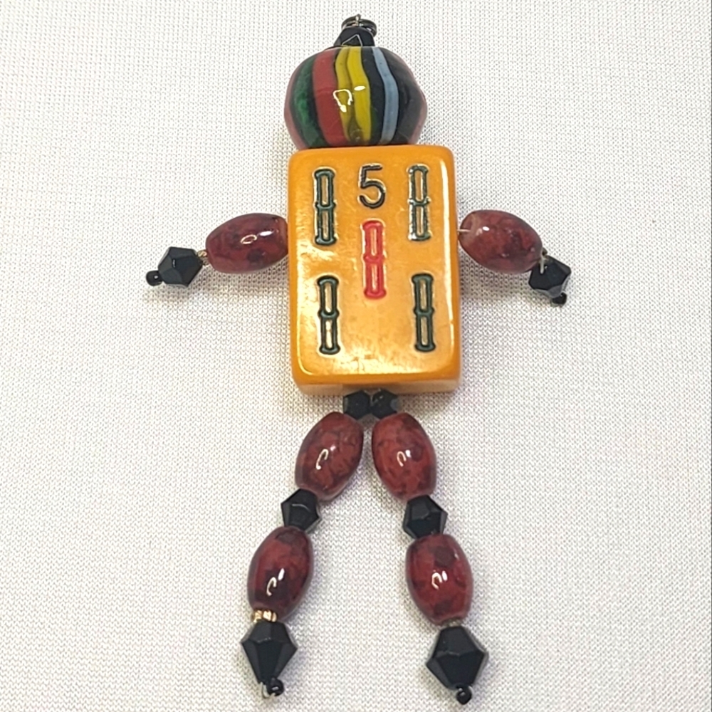 Vintage Mahjong Bakelite Piece and Colorful Beaded Robot Pendant or Pin
